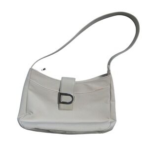 DKNY Womens Cream Canvas Shoulder Bag Silver D Logo Buckle Y2K Minimalist